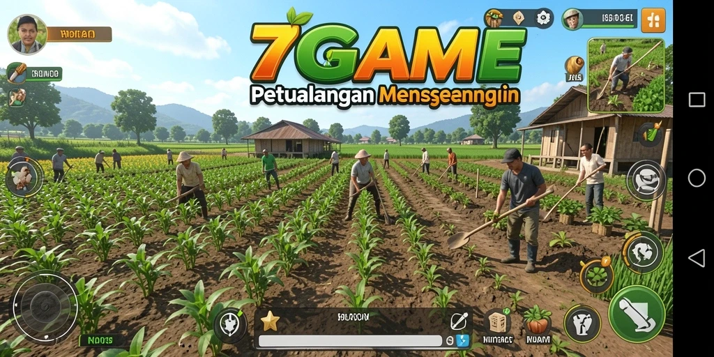 Screenshot gameplay 7GAME menampilkan aktivitas bertani yang seru dan interaksi sosial.