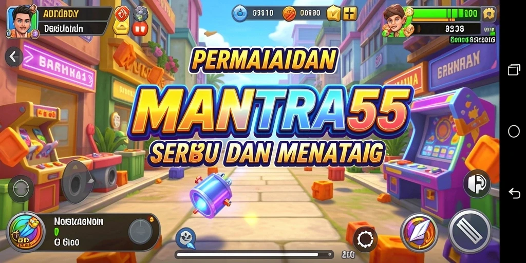 Tampilan gameplay MANTRA55 yang menarik dan penuh warna.