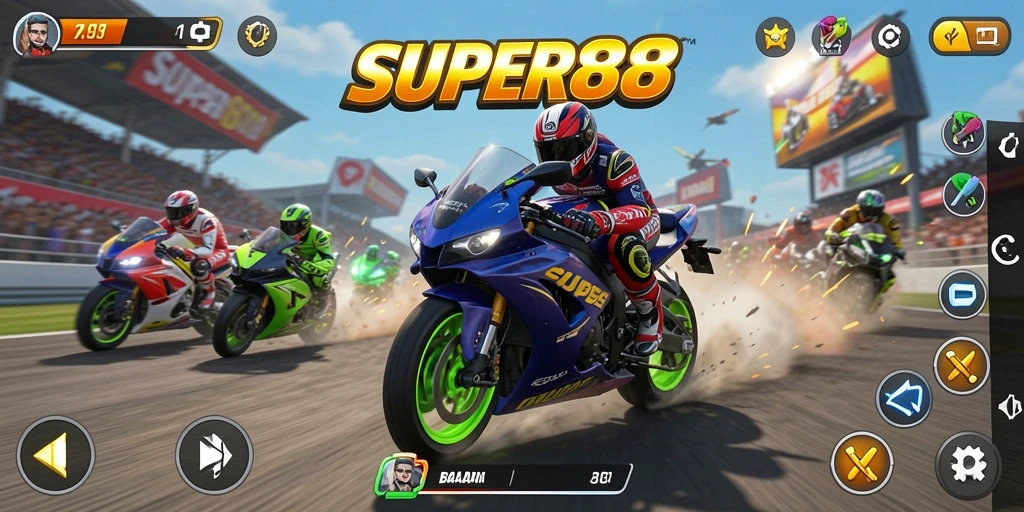 Screenshot gameplay SUPER88 menampilkan aksi balap motor yang mendebarkan.